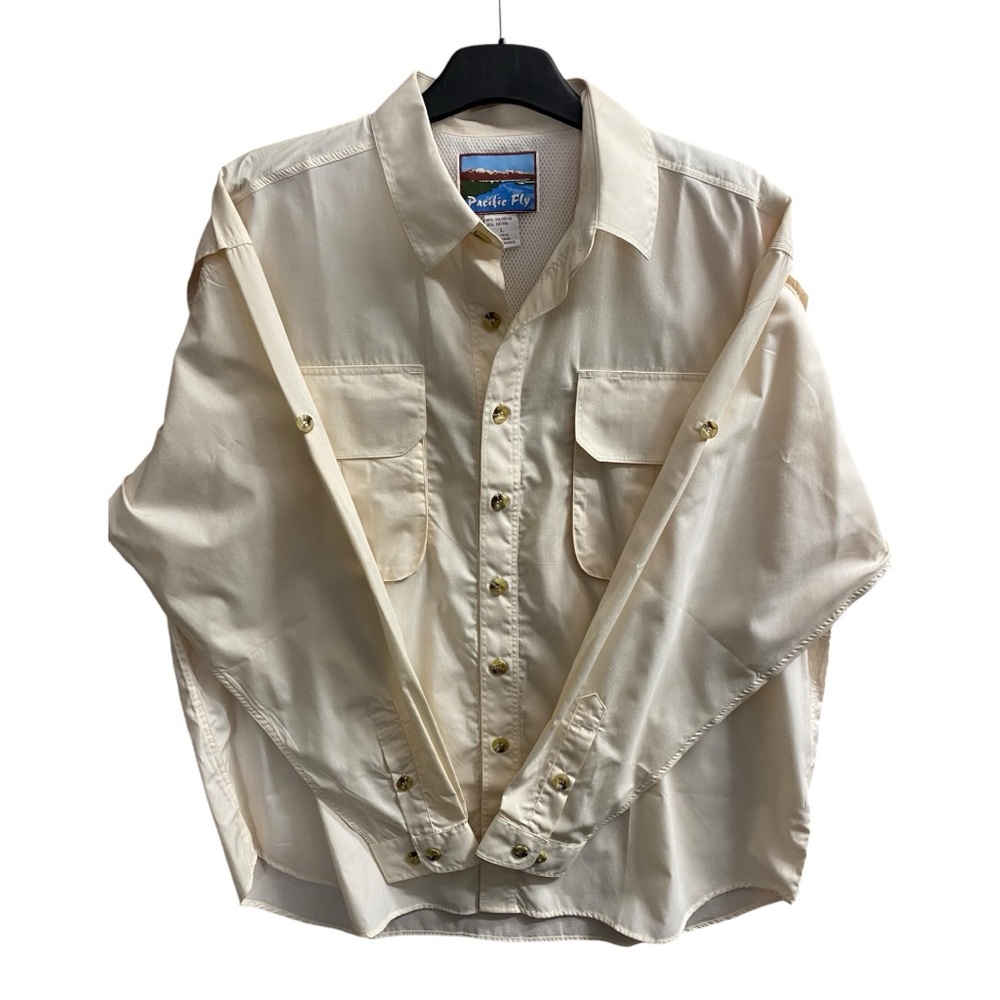 Pacific Fly Vented Fishing Shirt Chest Pockets Roll Tab Long Sleeves Tan